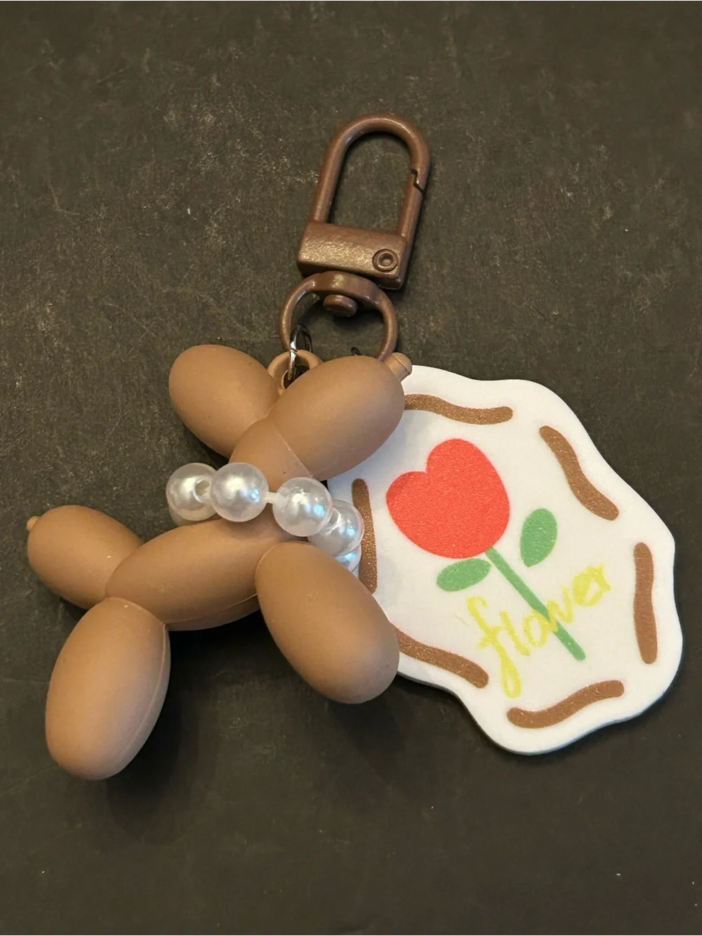 Mint Beige or Brown Balloon Dog Keychain Zipper Pull with Flower Tag NWT